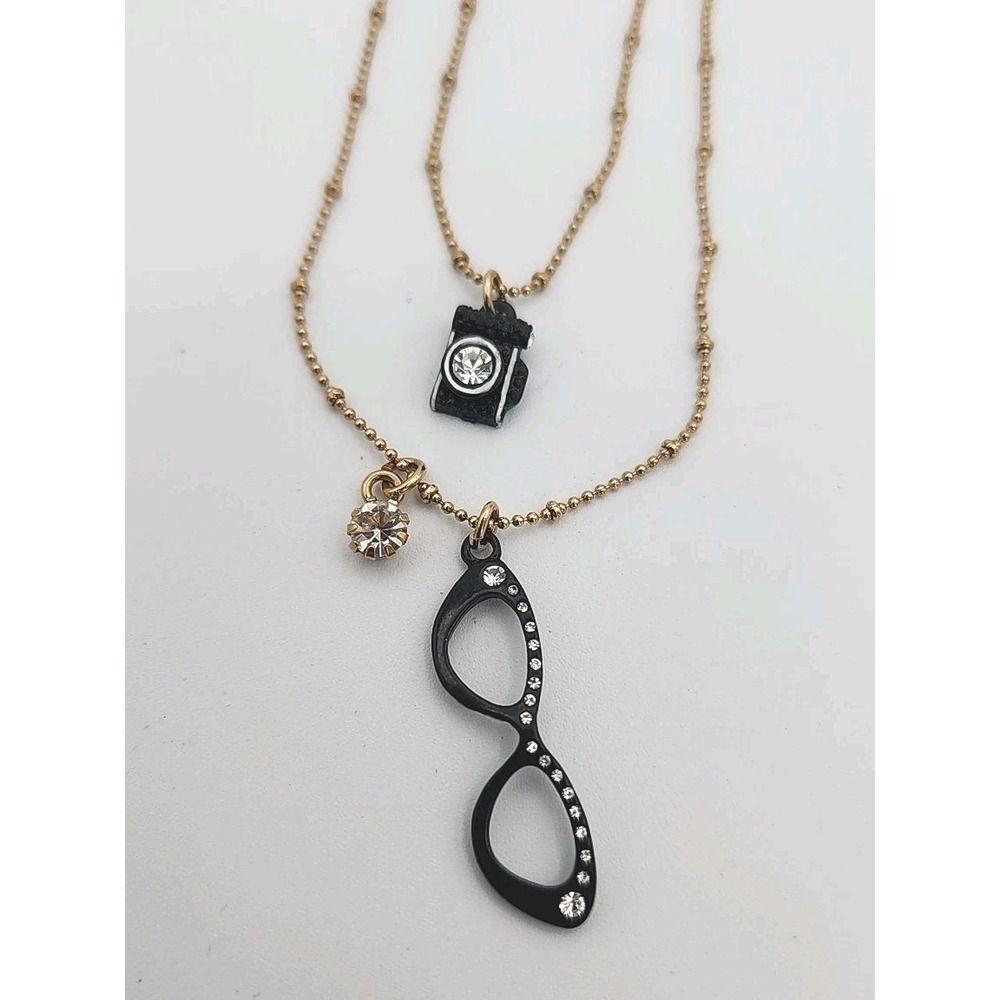 Vintage Betsey Johnson Gold Tone Layered Charm Necklace Camera Cat Eye Glasses